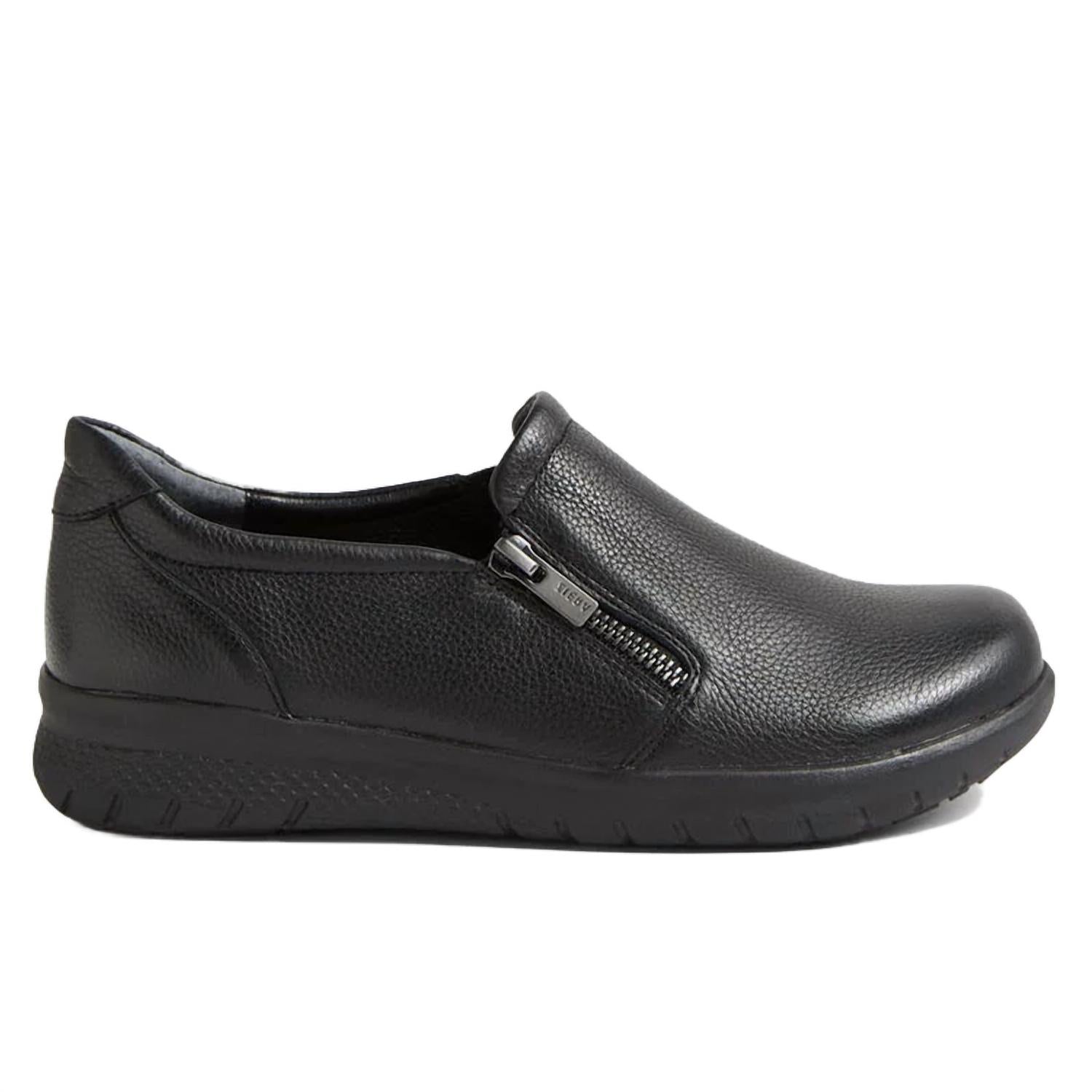 Ziera Women's Senan Casual Flat Shoe in black tumble leather - women's flats - detail view