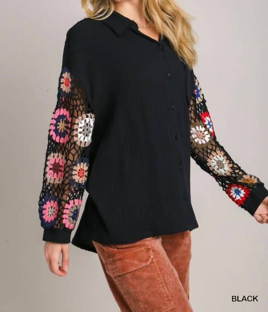 Umgee - Cotton Gauze Button Down Top with Color Crochet Sleeves