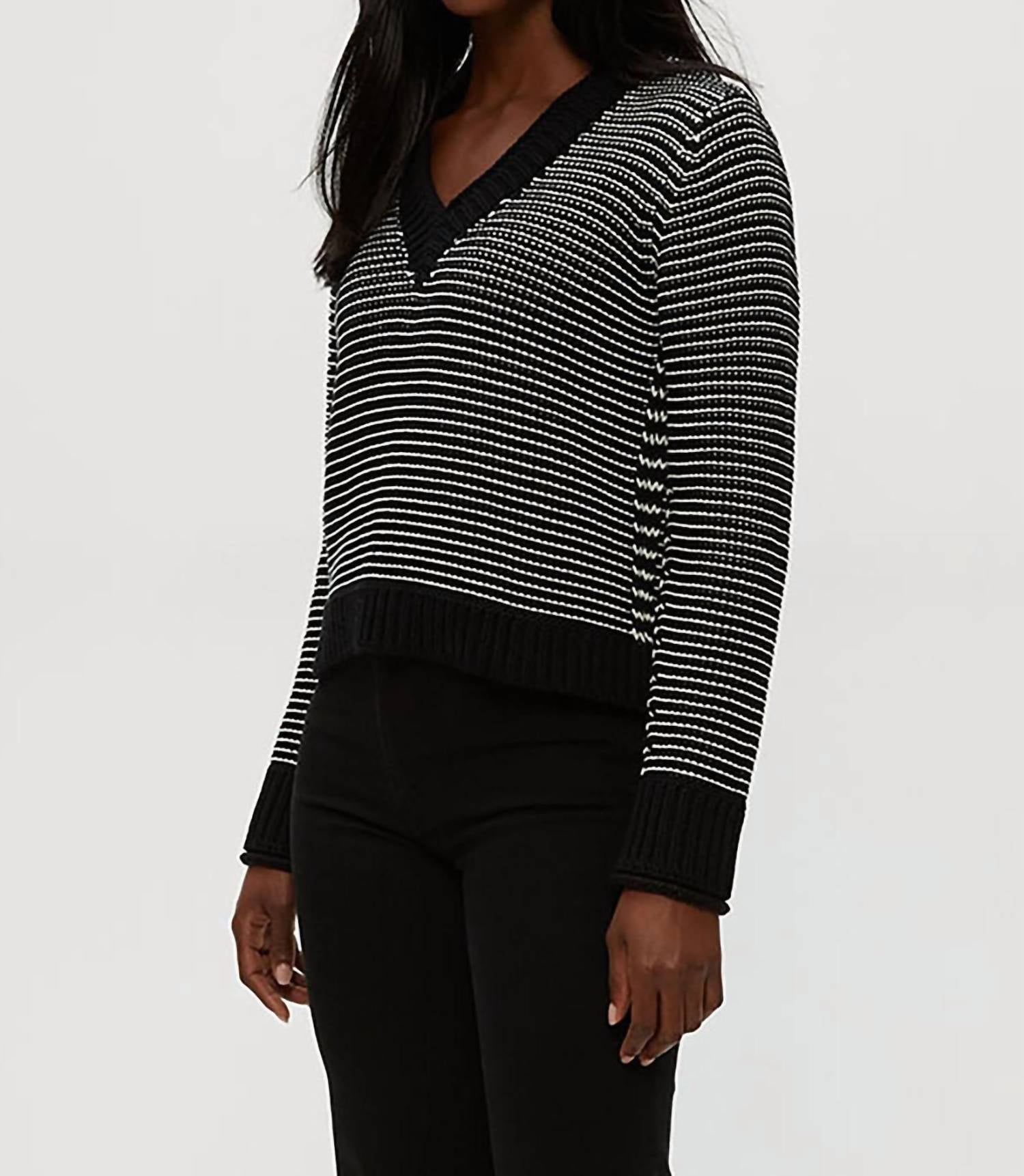 Michael Stars Linda V-Neck Pullover in black ivory - women's sweater - detail view