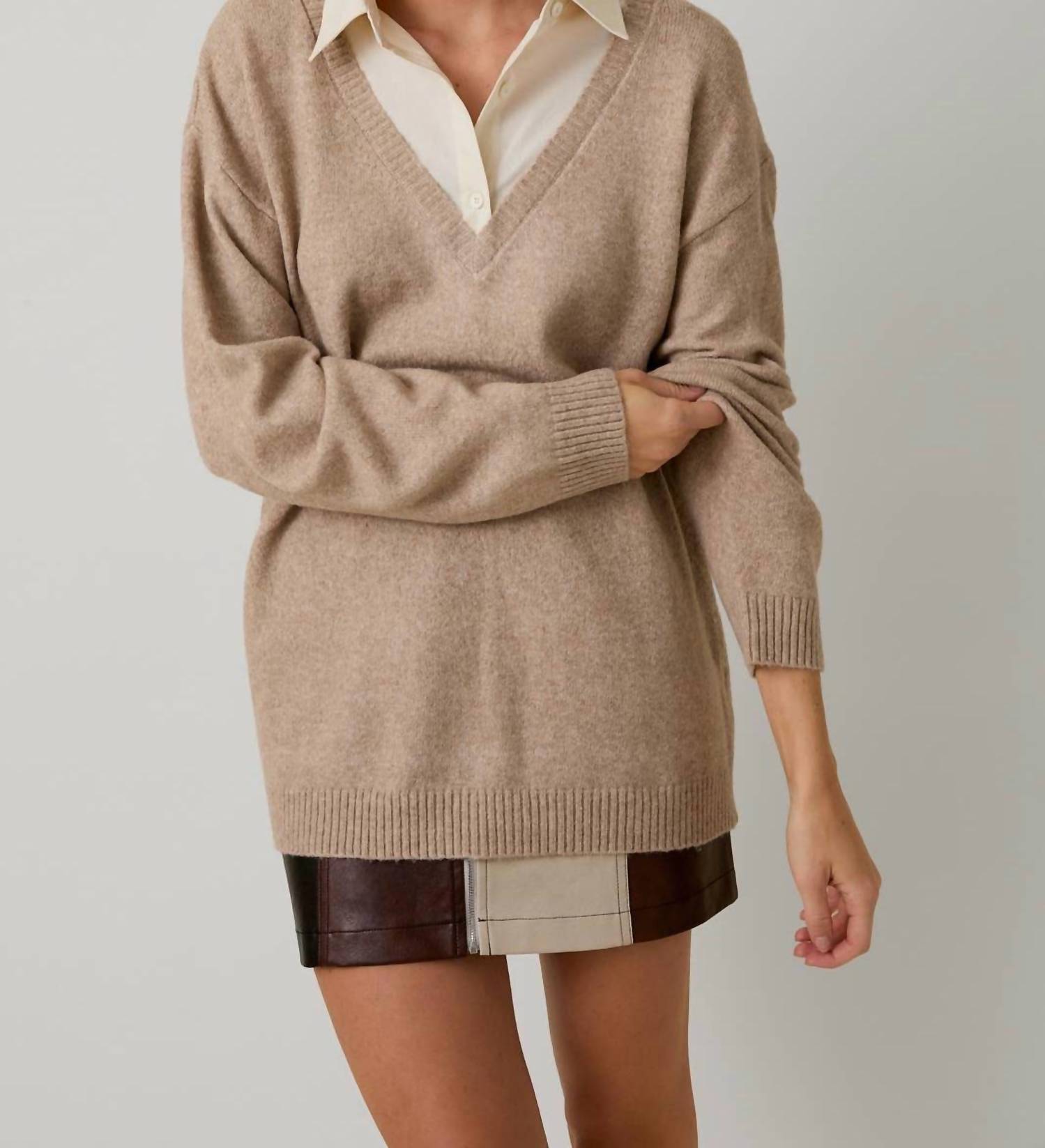 Sunday Edition Layered Pull Over Sweater Top in beige - women's sweater - alternate view