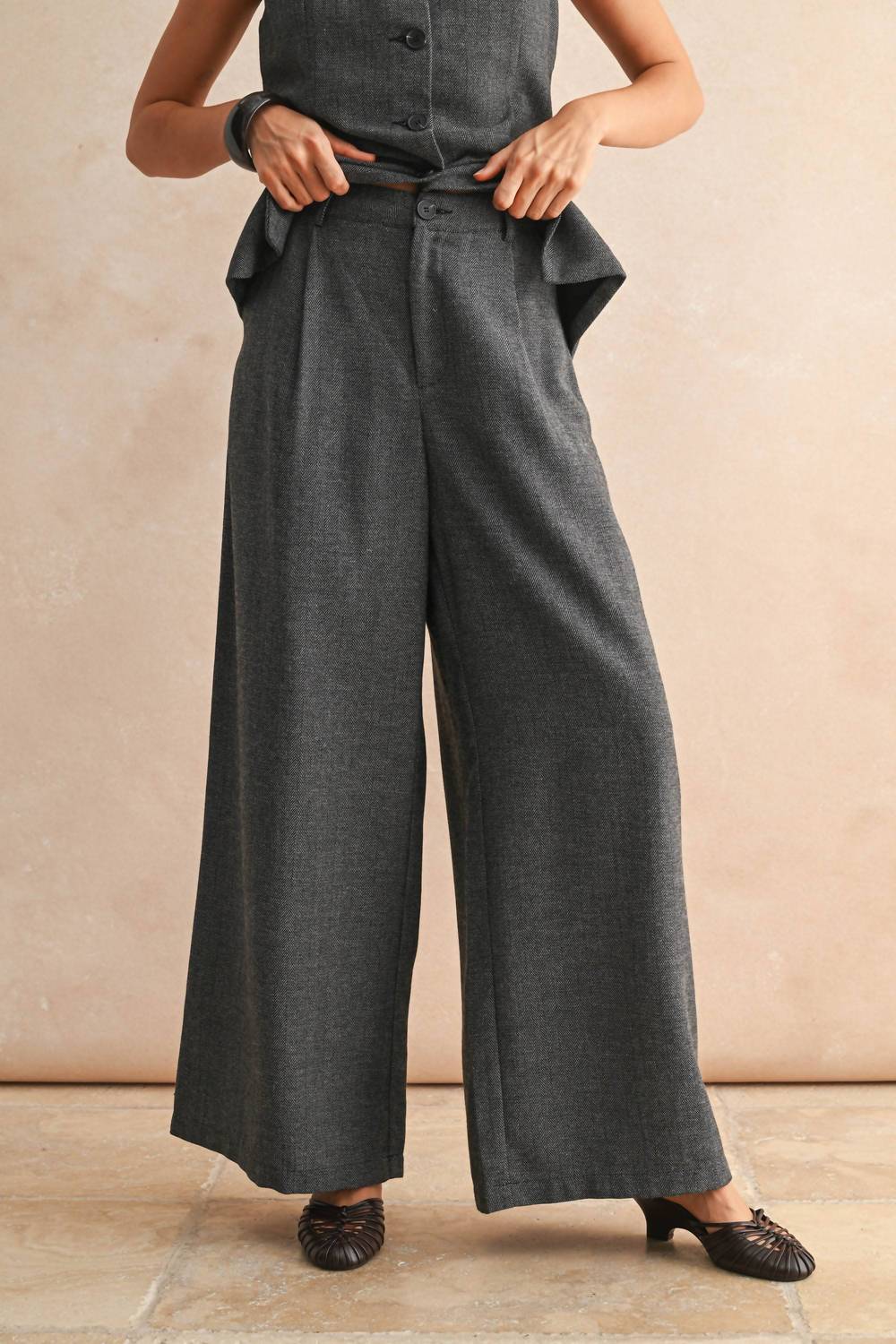 Miou Muse - Herringbone Pattern Wide Leg Trousers