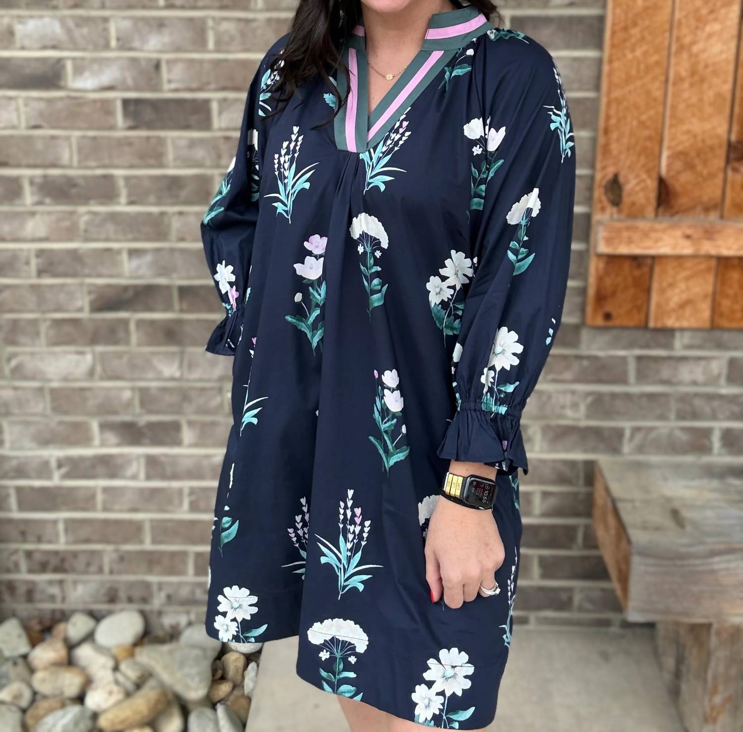 Umgee - Floral Print Tunic Dress With Contrast Trim