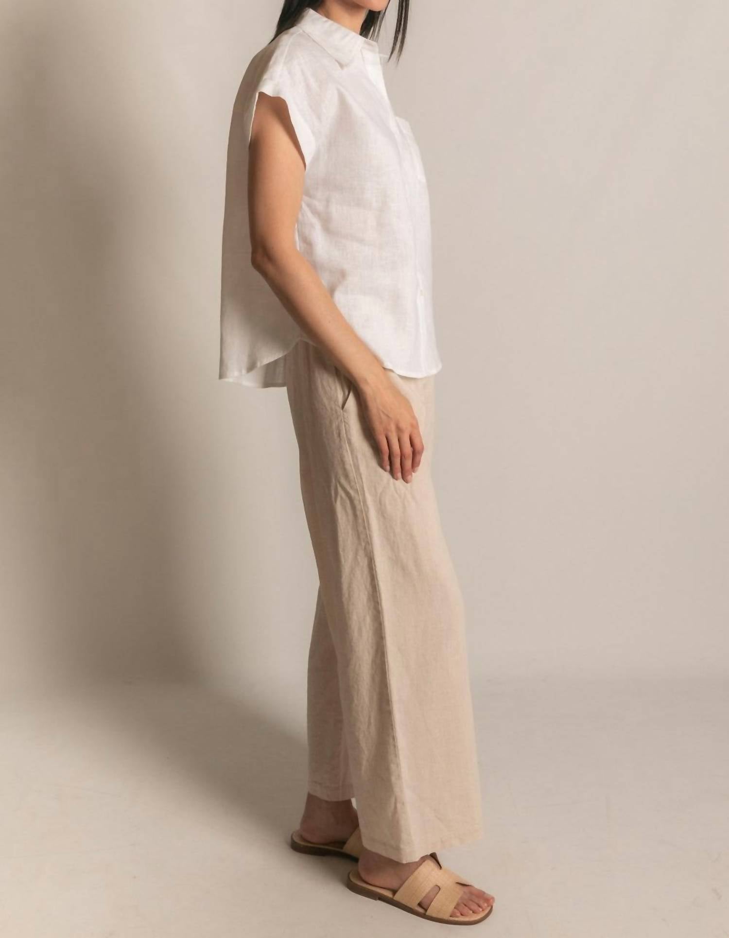 P.CILL Linen Relaxed Short Sleeve Button Up Shirt in white - women's shirt - alternate view