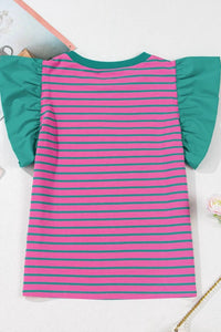 1 The Woman - Stripe Colorblock Ruffled Sleeve Crew Neck Blouse