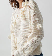 Lingua Franca Crochet Cammy Boatneck Top in cream - women's long sleeve top - detail view