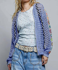 POL Crochet Zip-up Cardigan Hoodie in periwinkle - women's top - alternate view