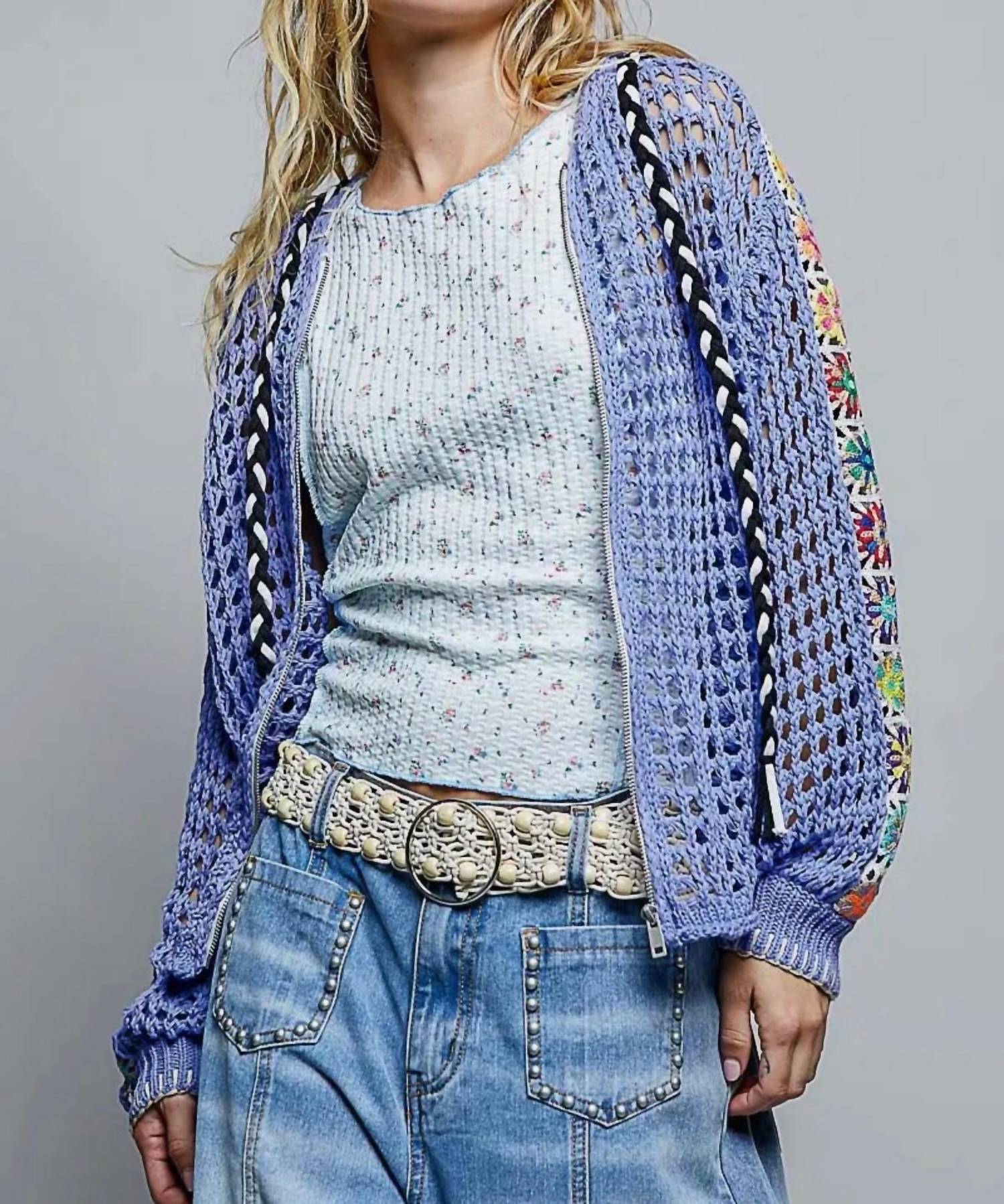POL Crochet Zip-up Cardigan Hoodie in periwinkle - women's top - alternate view