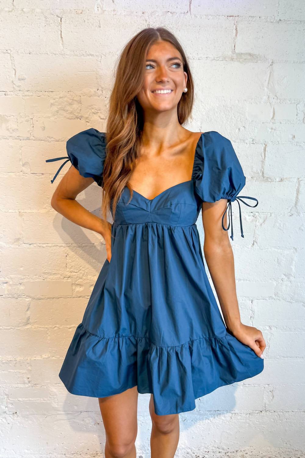 OLIVACEOUS Babydoll Mini Dress in teal blue - women's dress - alternate view