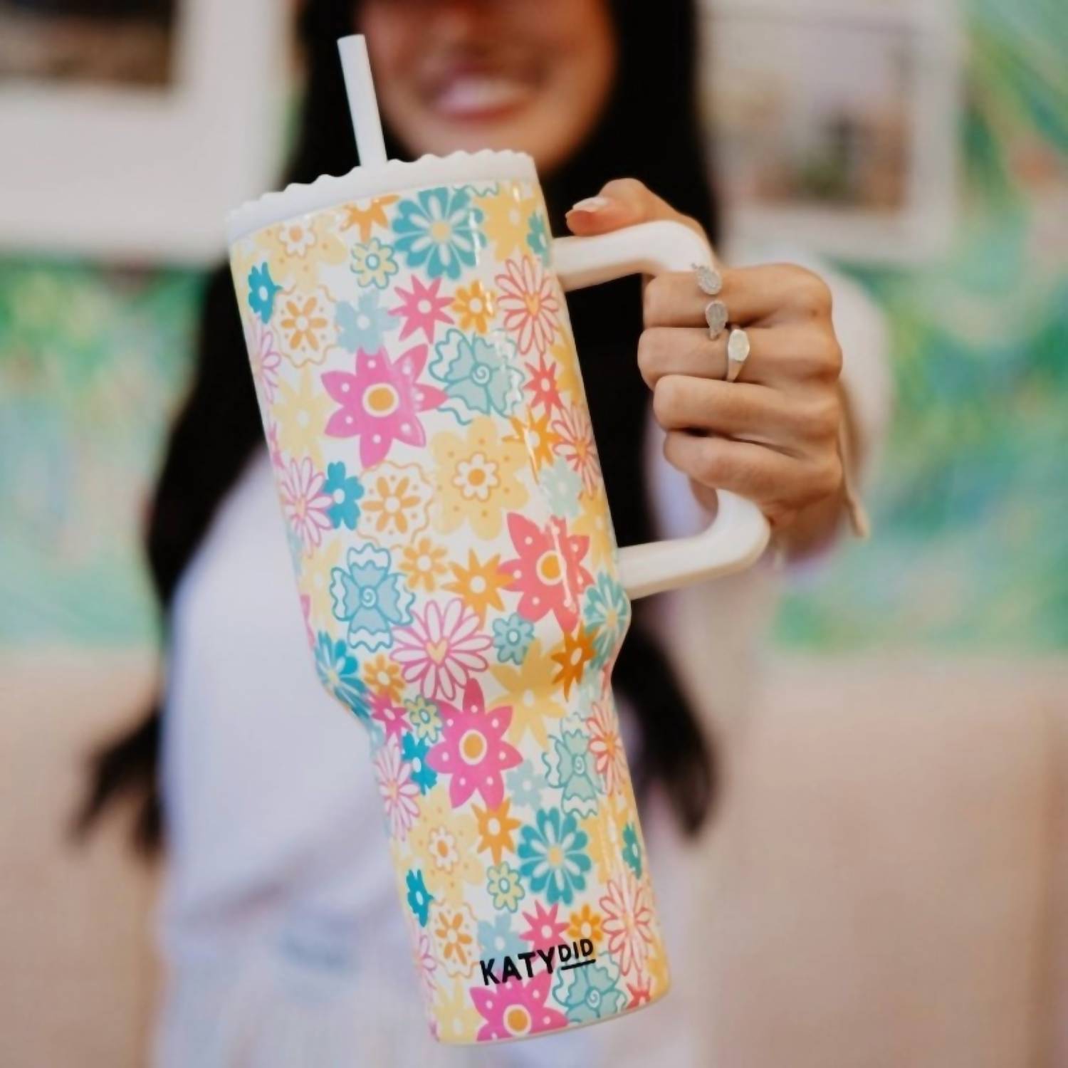 Katydid - Spring Retro Flowers Insulated Stainless Steel 38 Oz Tumbler with Handle