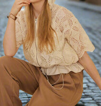 Mello - Zip Up Crocheted Laced Short Sleeve Top With Hood