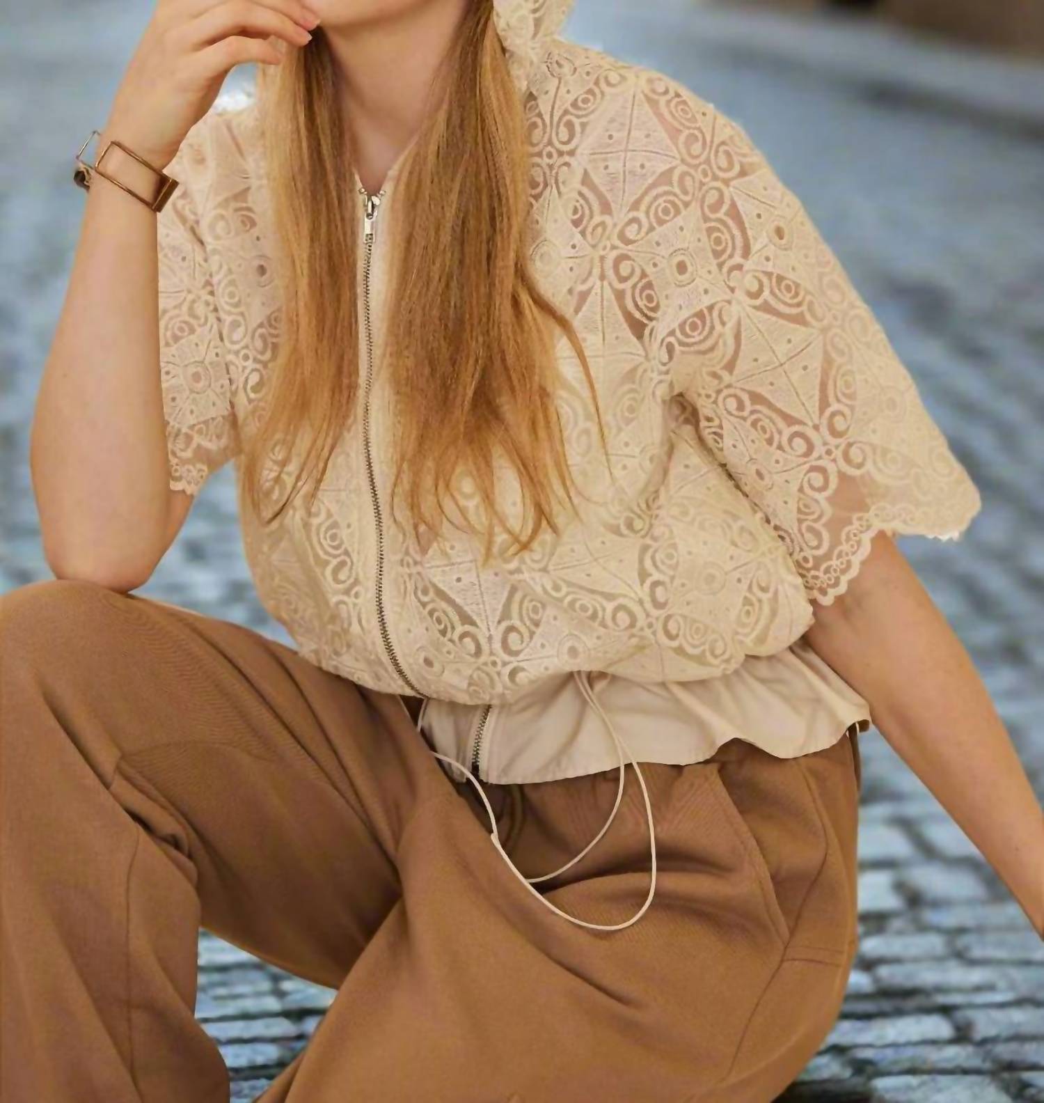 Mello - Zip Up Crocheted Laced Short Sleeve Top With Hood
