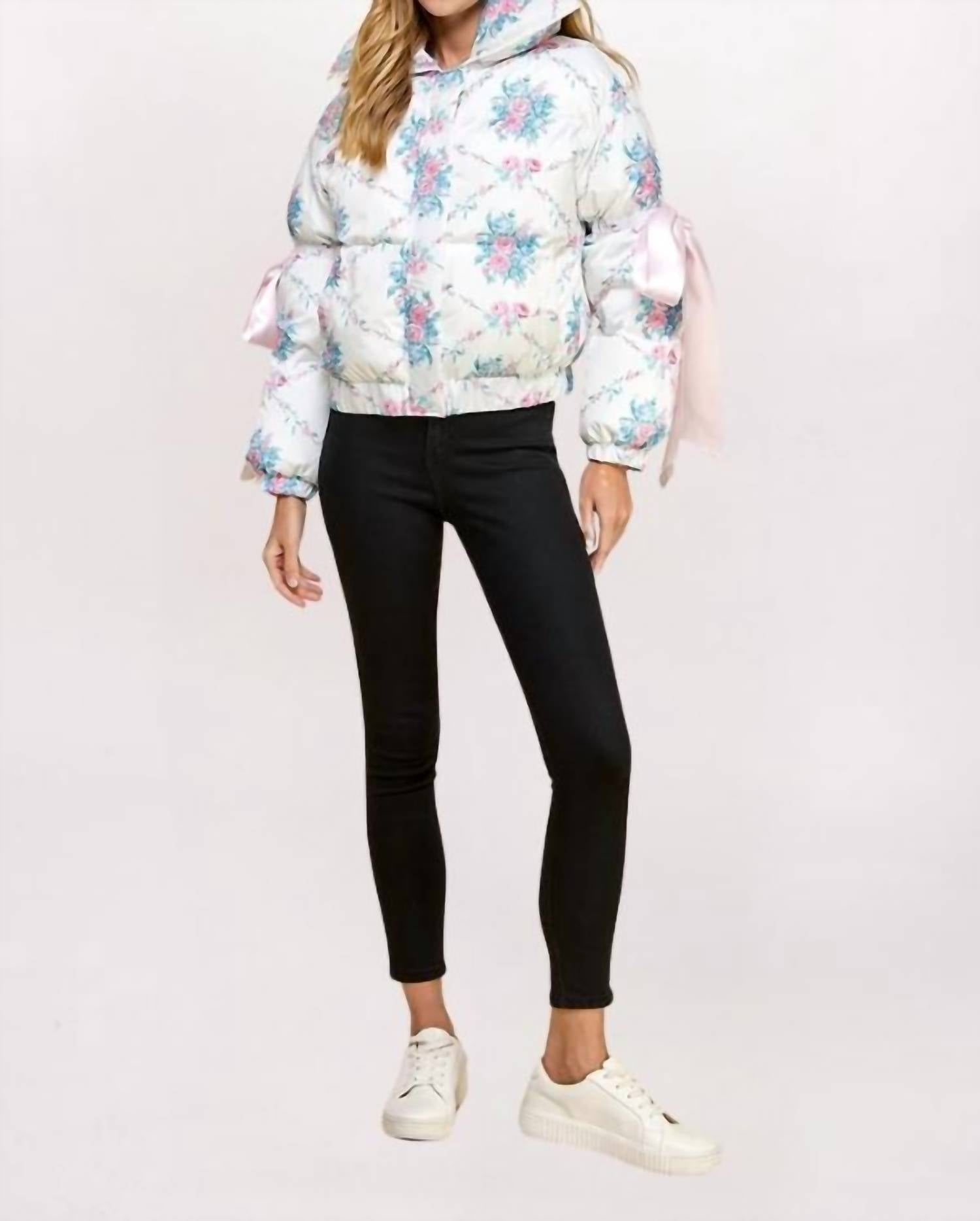 Pretty Follies - Long Sleeve Floral Ribbon Puffer Coat