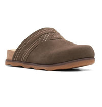 Clarks Women's Brynn Glide Clog in dark olive suede - women's shoe - detail view