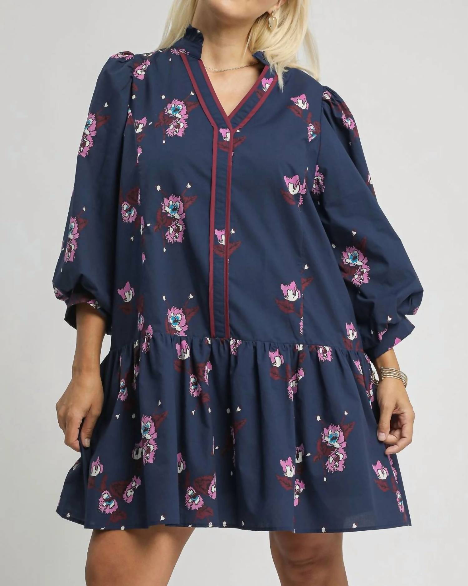 Umgee - Floral Mini Dress With Puff Sleeves