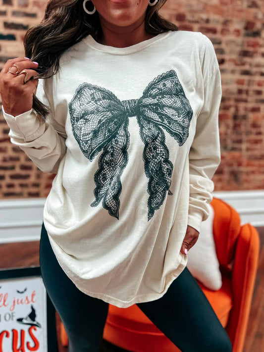 Birdie - Coquette Lace Bow Long Sleeve Graphic Tee