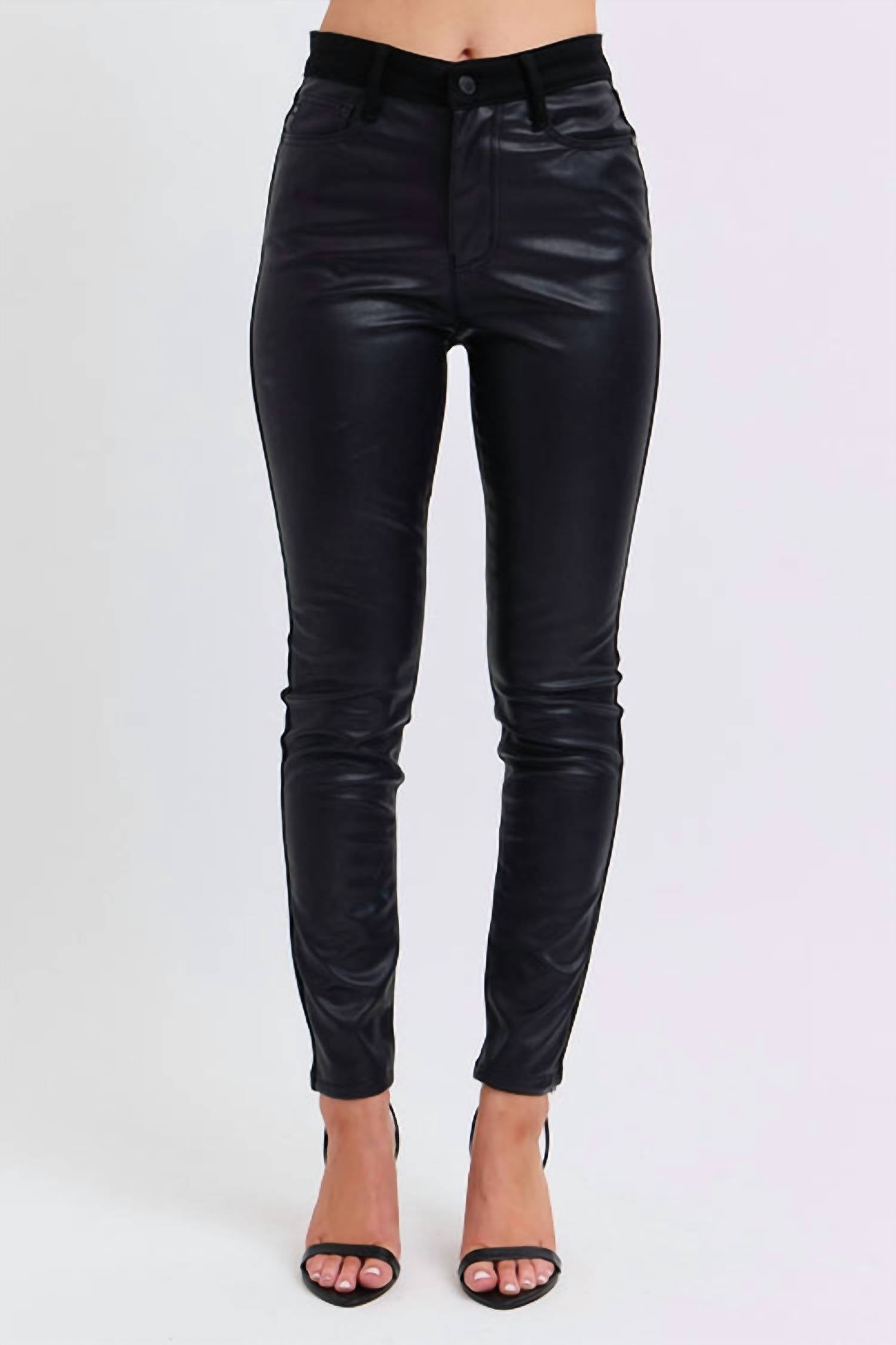 Judy Blue High Waist Faux Leather & Denim Skinny Jeans in black - women's pants