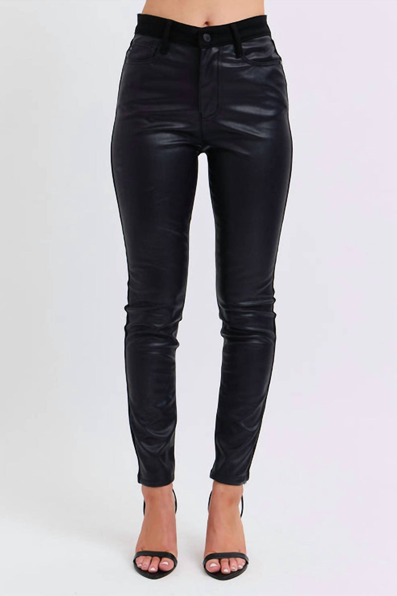 Judy Blue High Waist Faux Leather & Denim Skinny Jeans in black - women's pants
