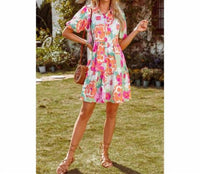 fashionworks Vibrant Floral Puff Sleeve Tiered Mini Dress in multicolor - women's dress - alternate view