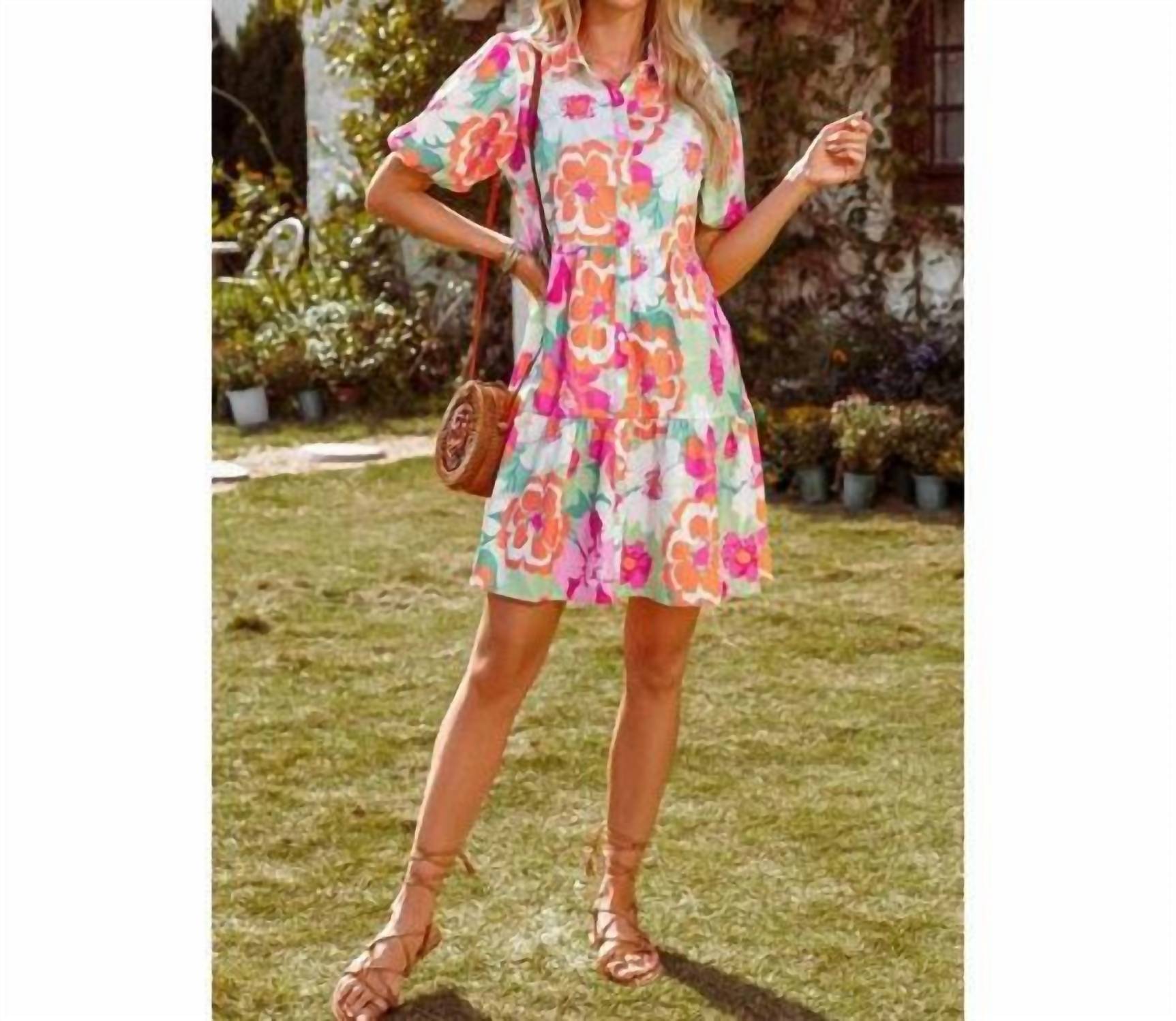 fashionworks Vibrant Floral Puff Sleeve Tiered Mini Dress in multicolor - women's dress - alternate view