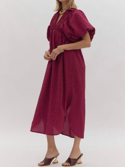 Entro - Textured Puff Sleeve Midi Dress