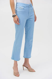 Joseph Ribkoff Stretch Mid-rise Flare Crop Jeans in baby blue - women's jeans - detail view