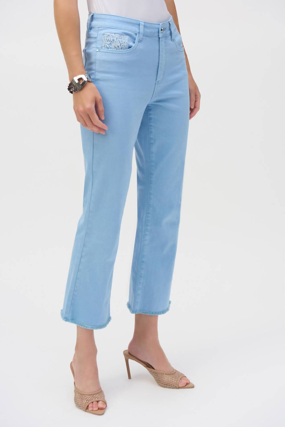 Joseph Ribkoff Stretch Mid-rise Flare Crop Jeans in baby blue - women's jeans - detail view