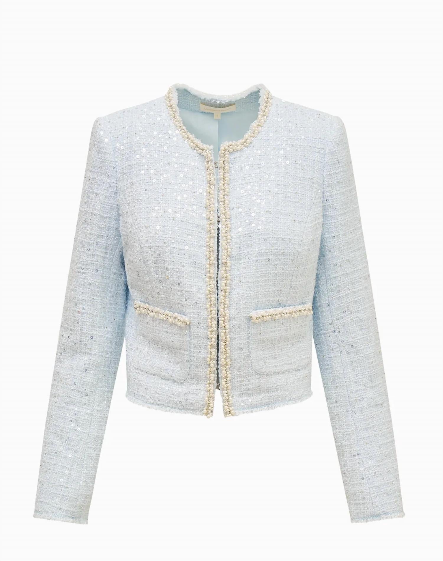 LoveShackFancy Kelli Sequin Tweed Jacket in white - women's jacket - detail view