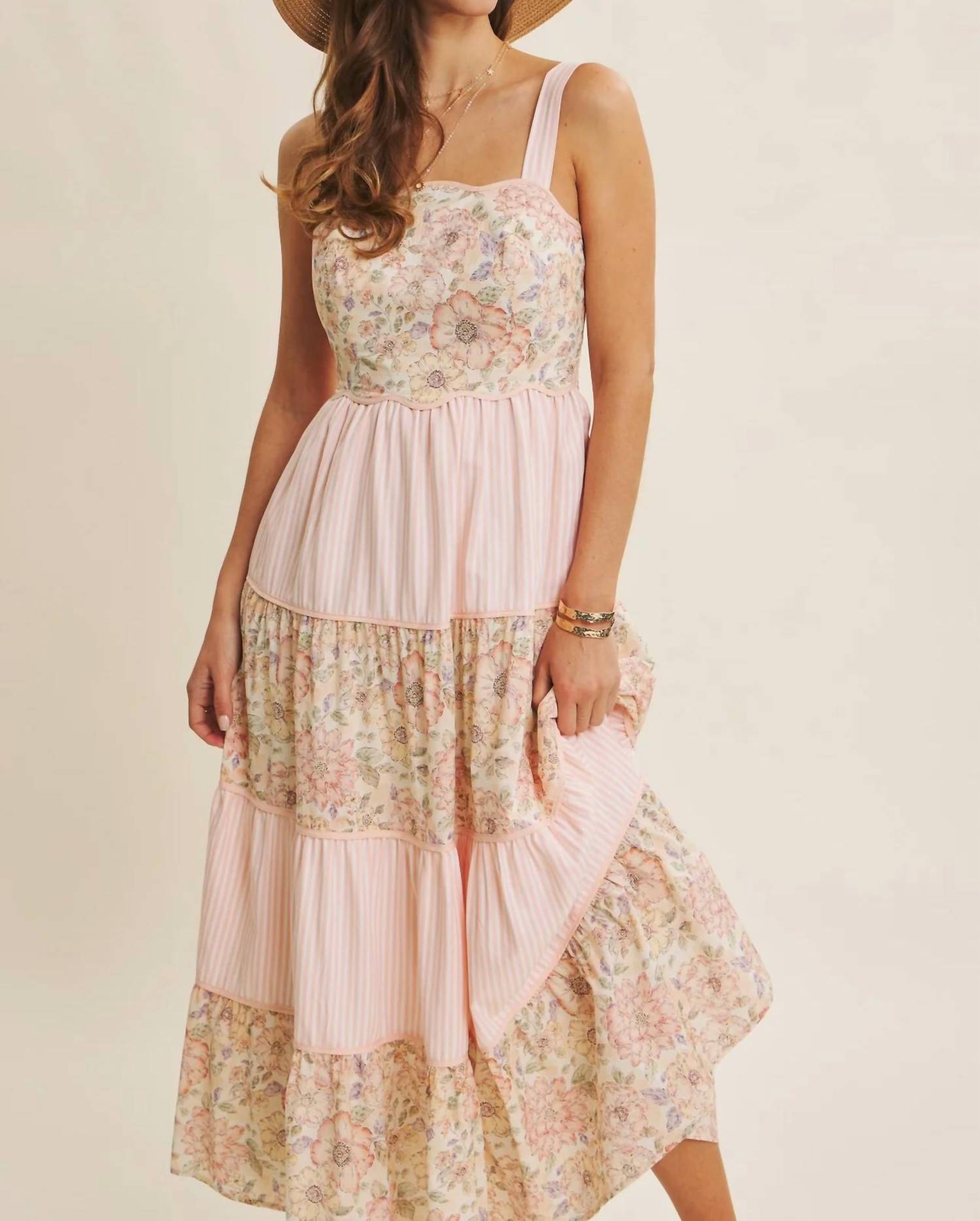 In February - Dreamy Ideal Florals And Stripes Tiered Midi Dress
