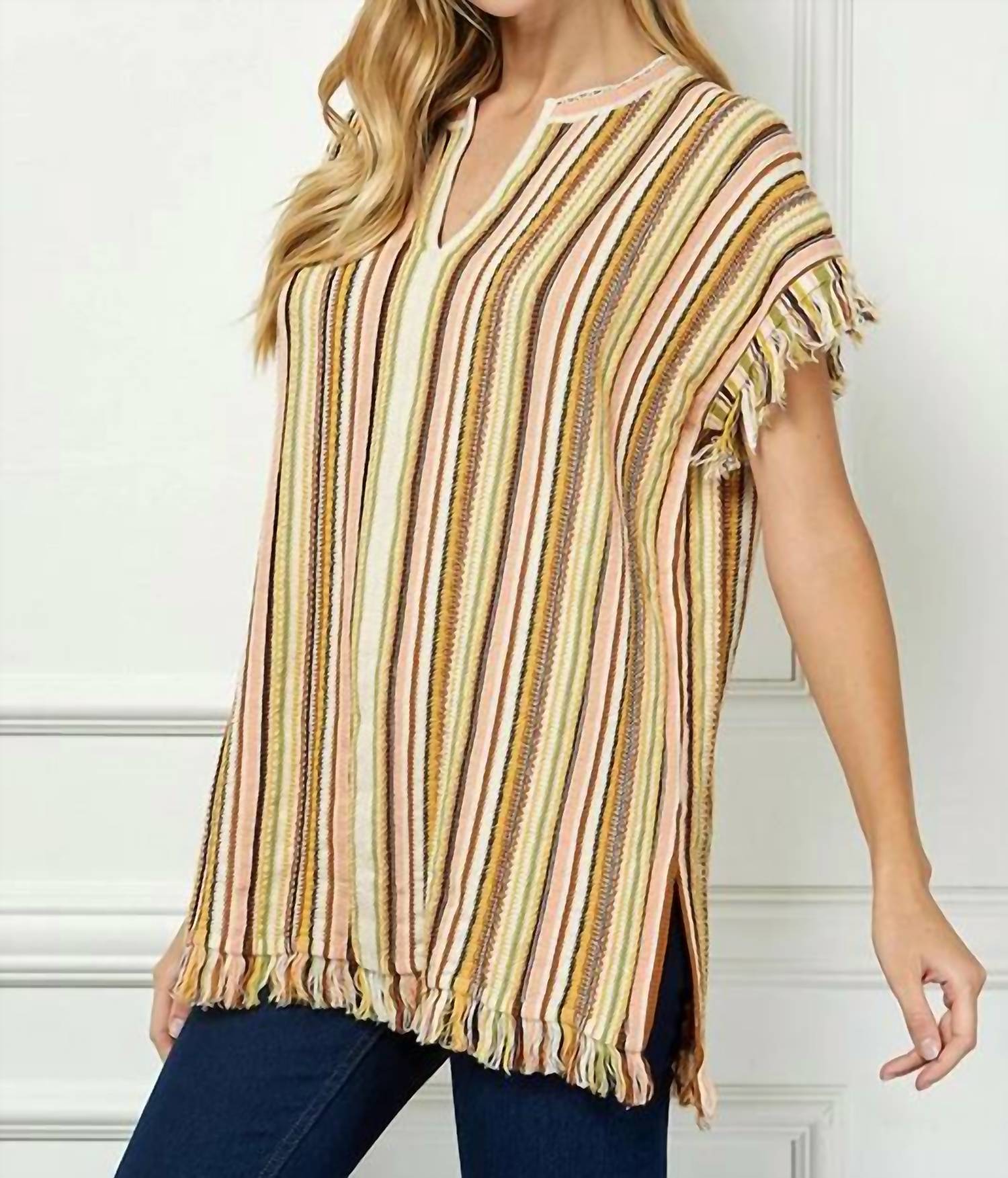 Vanessabruno - Striped V-neck Fringe Tunic