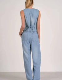 ELAN Button Up Vest in chambray - women's jacket - detail view