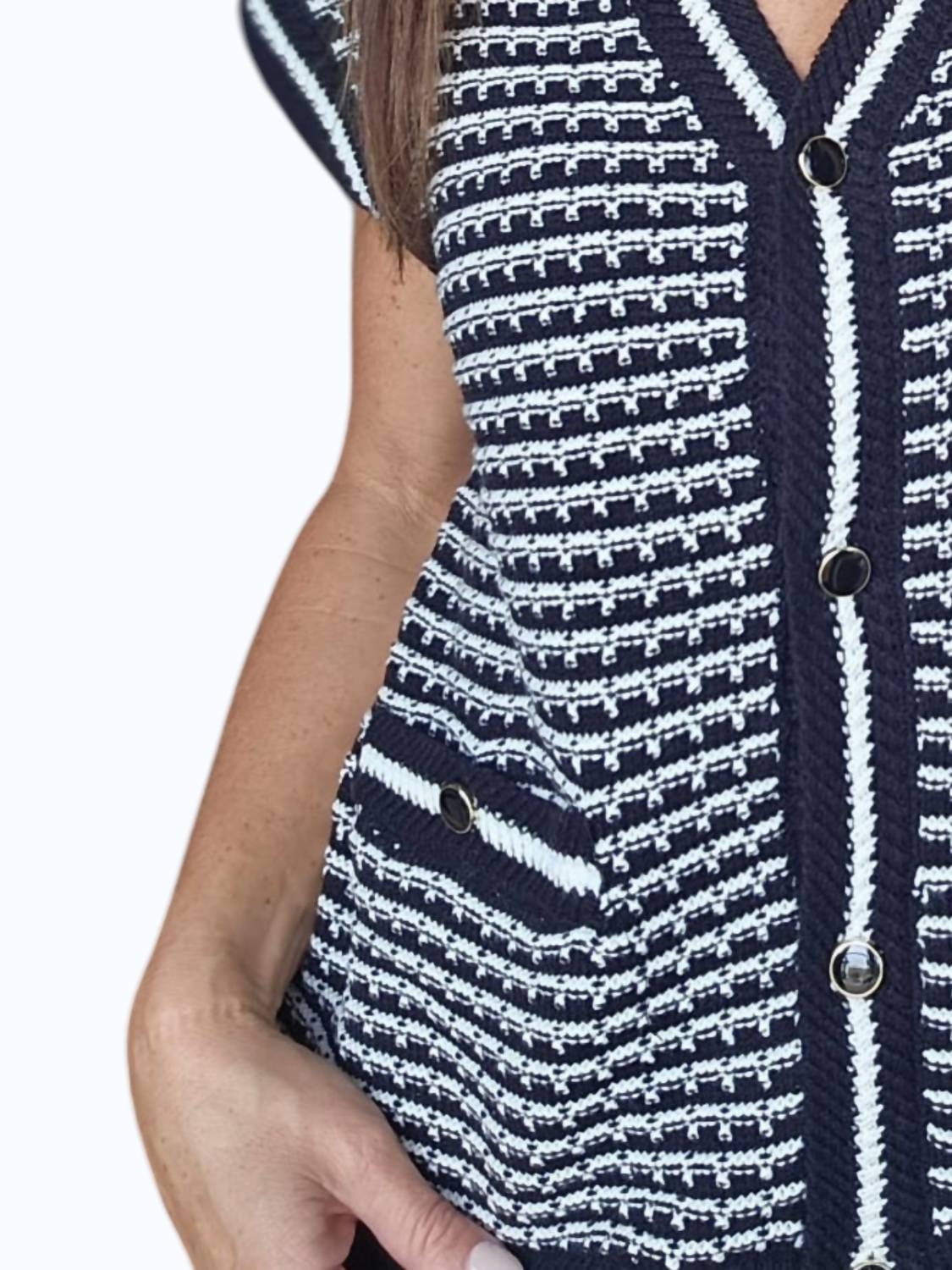Heart of Pine Striped Button Down Vest in black white - women's jacket - detail view