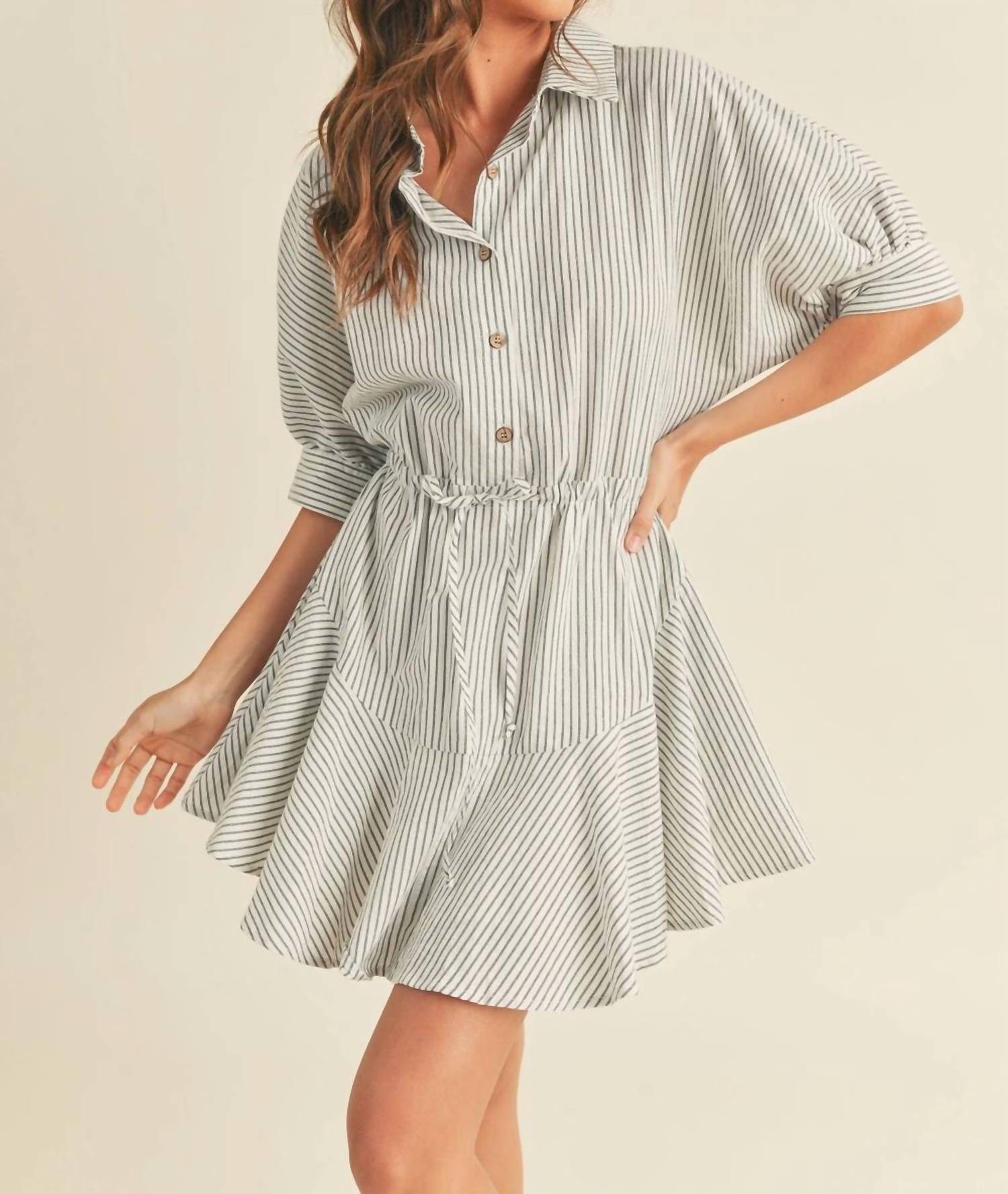 Miou Muse - Striped Pattern Button Down Shirt Dress