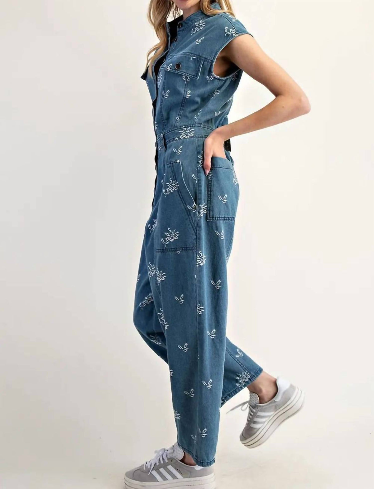 Ee:Some - Floral Embroidered Denim Cap Sleeve Jumpsuit