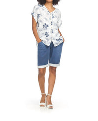 Papillon - Short Sleeve Crinkle Floral Button Front Top