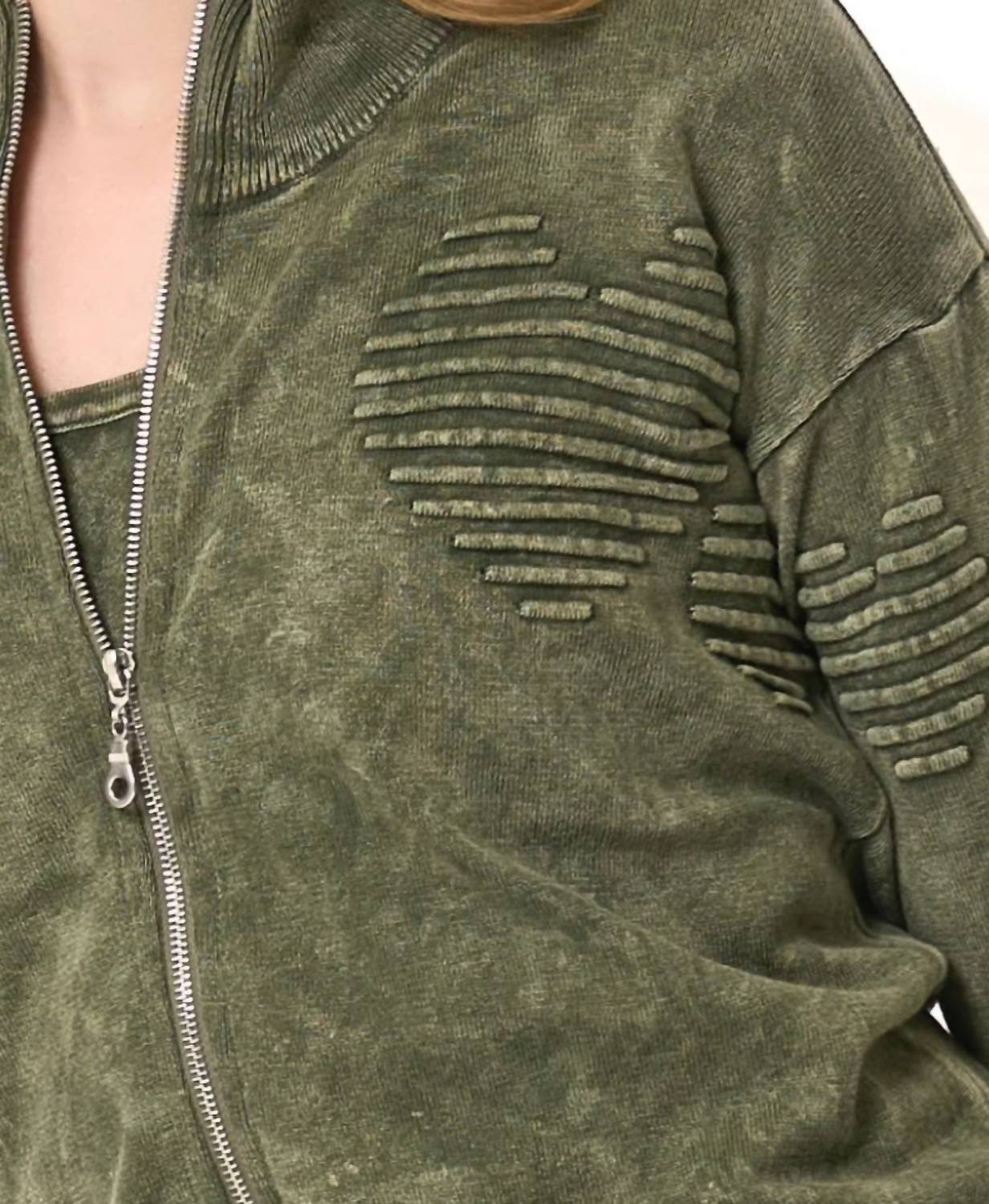 Angel Apparel Zip Up Heart Jacket in army - women's jacket - detail view