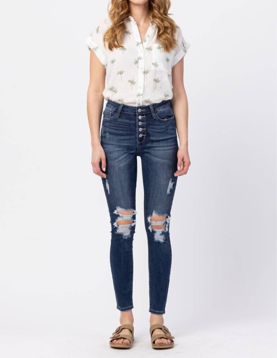 Judy Blue - High Rise Button Fly Cuffed Skinny Jeans