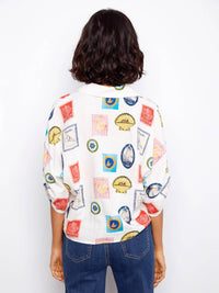 Charlie B - Printed Linen Blend Front-tie Blouse With Roll-up Sleeves