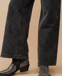 Blue B - Distressed Quilted Slash Wide Leg Mid Rise Denim Jeans