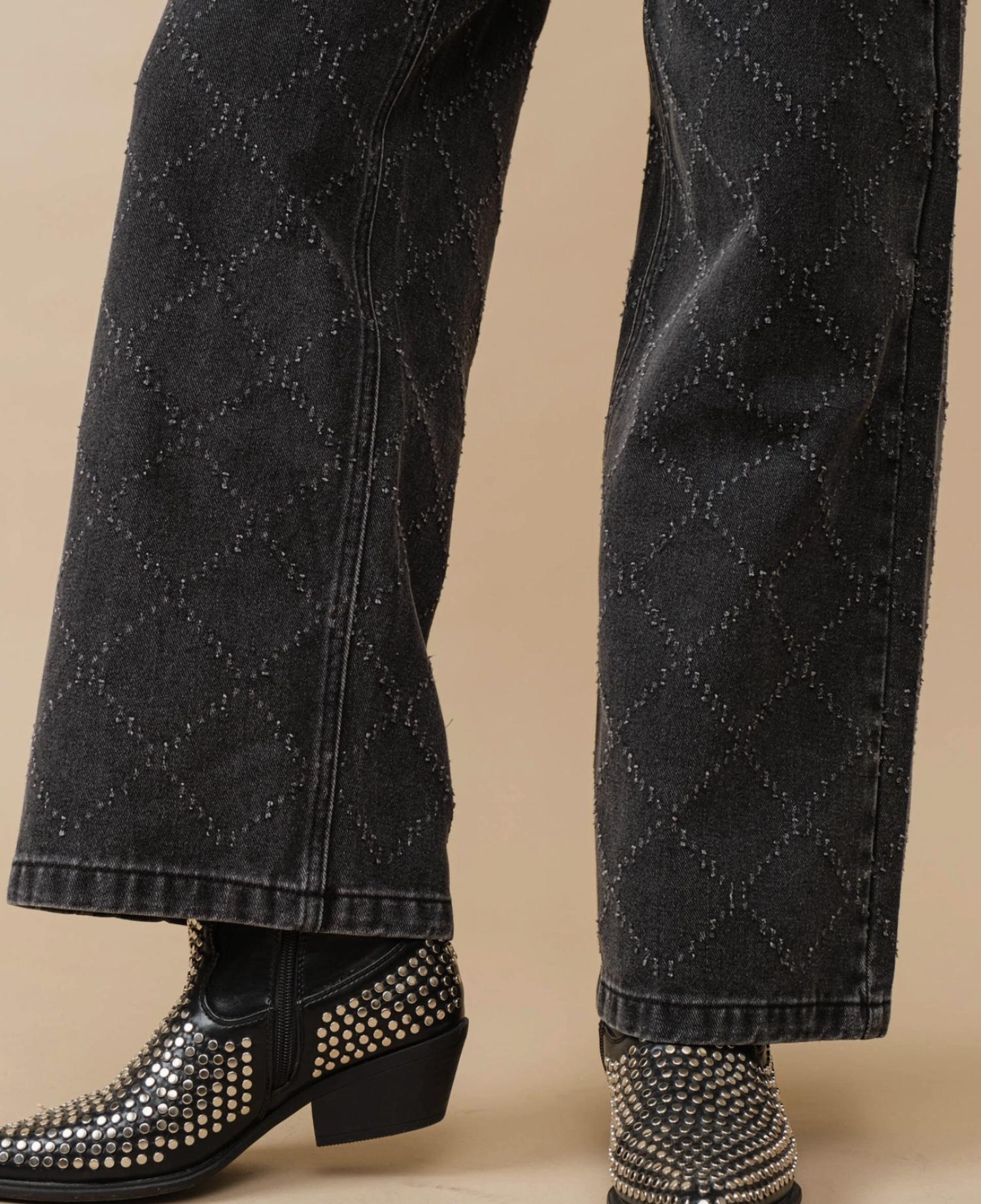 Blue B - Distressed Quilted Slash Wide Leg Mid Rise Denim Jeans