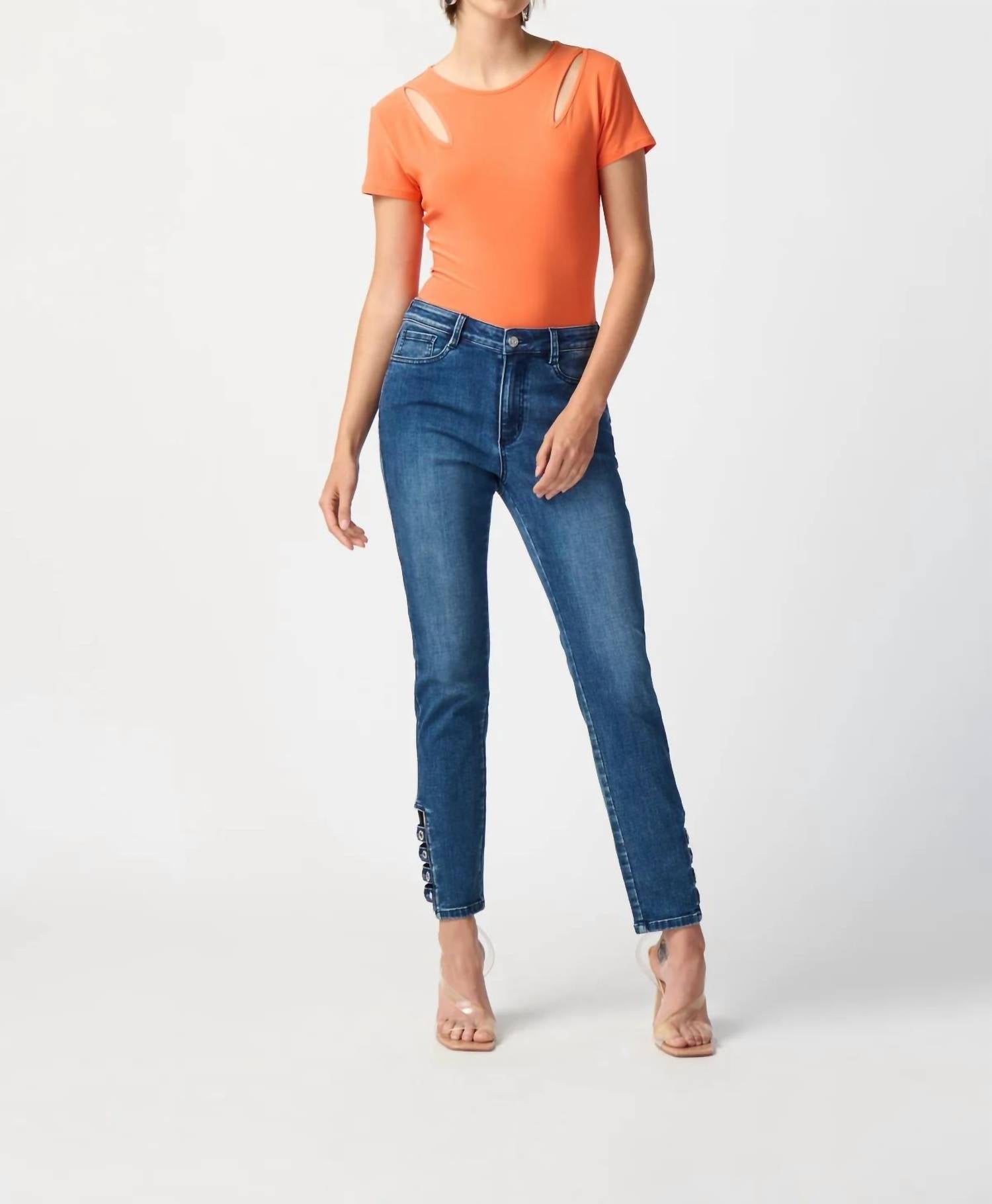 Joseph Ribkoff - Embellished Hem Ankle Grommets Straight Jeans