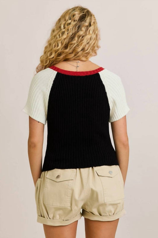 Le Lis - "USA Flag " Raglan Short Sleeve Crewneck Ribbed Sweater Top