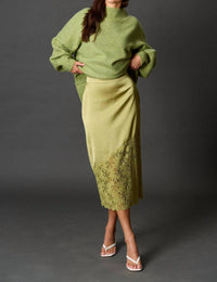 Before You Satin Asymmetrical Lace Contrast Pencil Midi Skirt in light moss - women's skirt