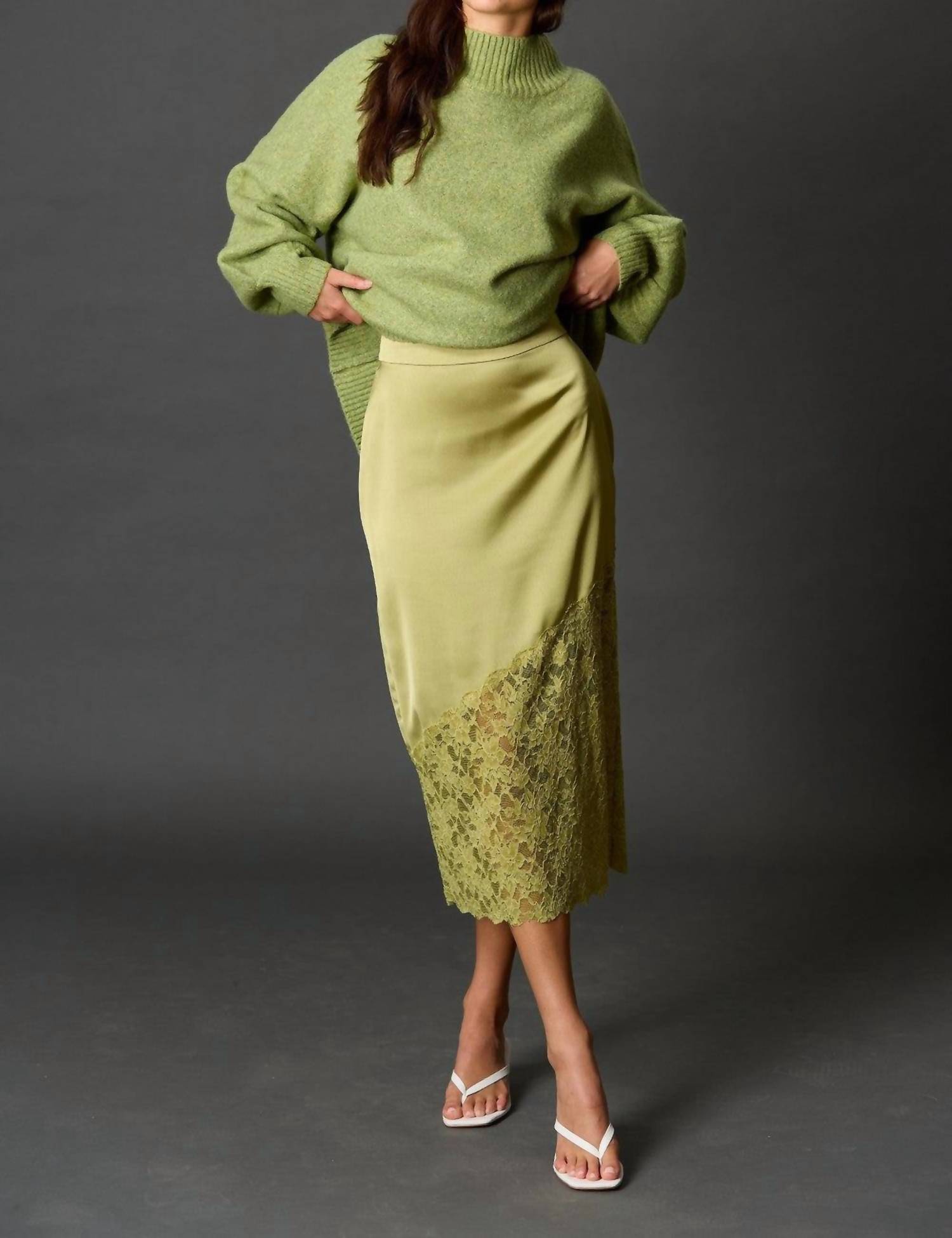 Before You Satin Asymmetrical Lace Contrast Pencil Midi Skirt in light moss - women's skirt