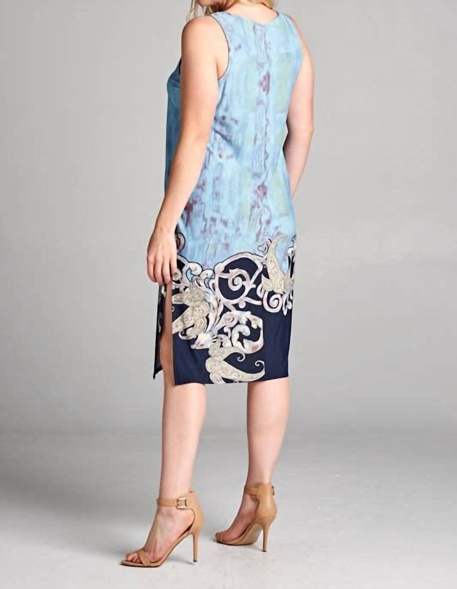 Emerald Collection Watercolor Wash Fitted Sleeveless Knee Dress - Plus in blue - women's dress - view 4