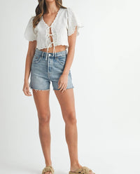 MABLE Floral Eyelet Linen-blend Tie-front Crop Blouse in white - women's blouse