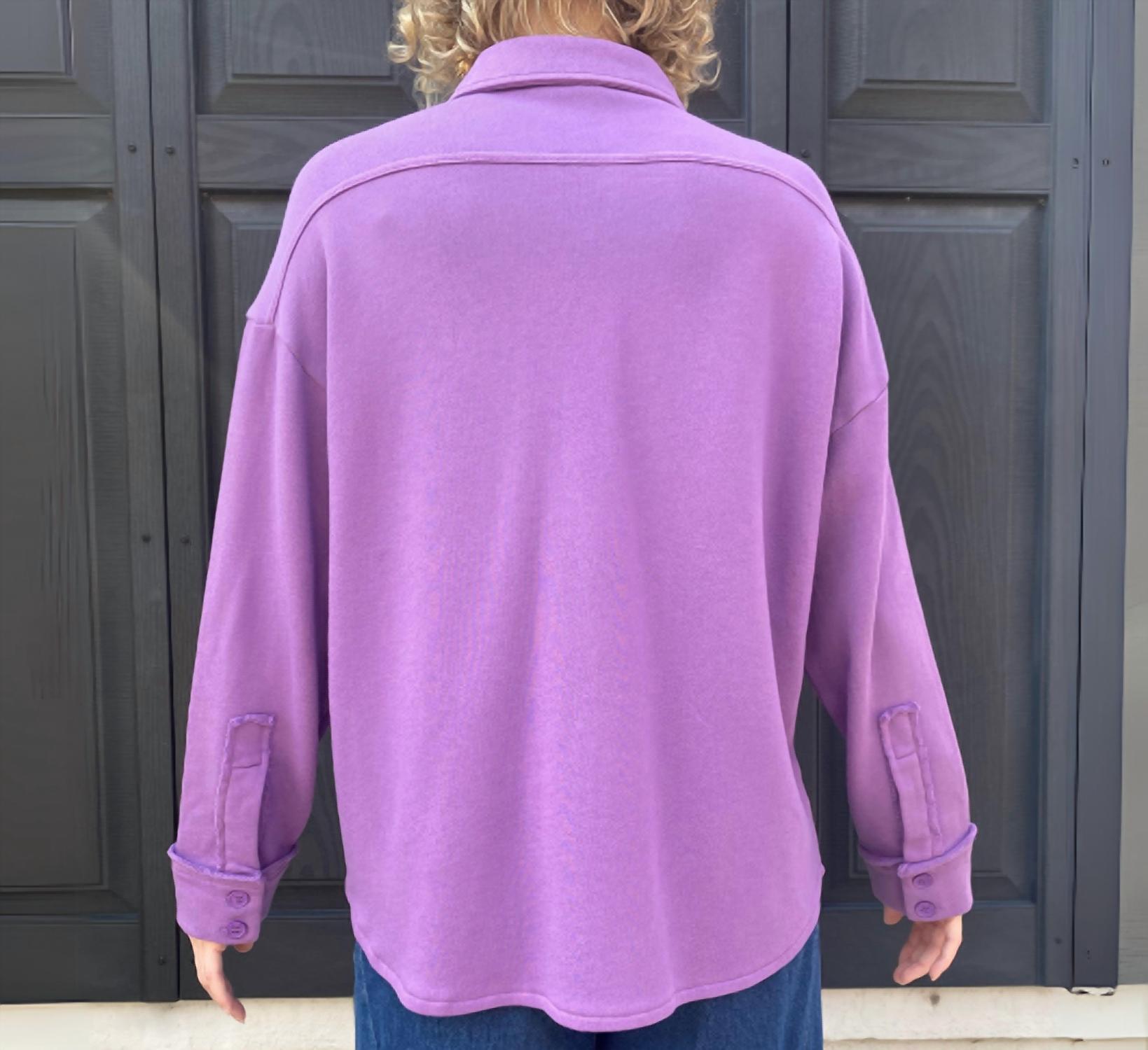REPEAT cashmere Fleece Button Front Shacket in violet - women's shirt - detail view