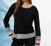 french kyss Stripe Sleeve Scoop Neck Top in black slate - women's sweater - detail view