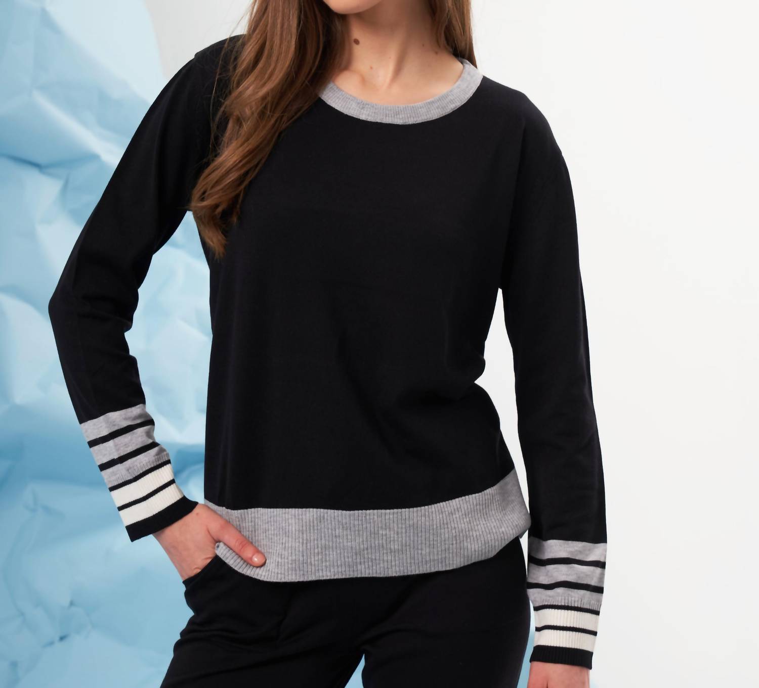 french kyss Stripe Sleeve Scoop Neck Top in black slate - women's sweater - detail view