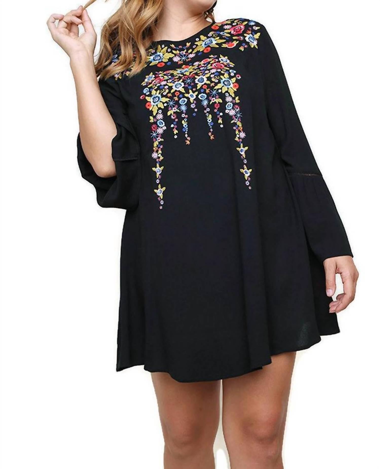 umgee Floral Embroidered Bell Sleeve Mini Dress in black - women's dress - view 4