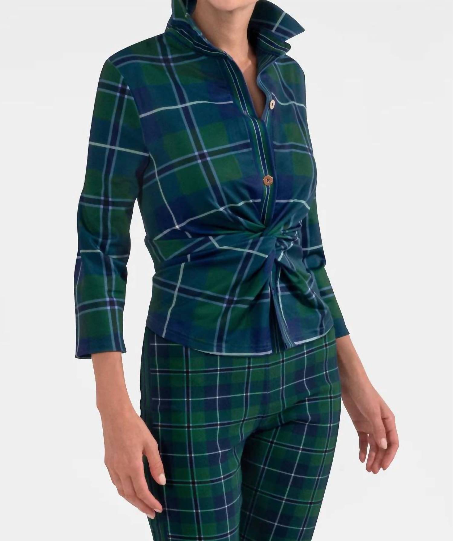 GRETCHEN SCOTT Twist And Shout Melville Tartan Top in green multi - women's blouse